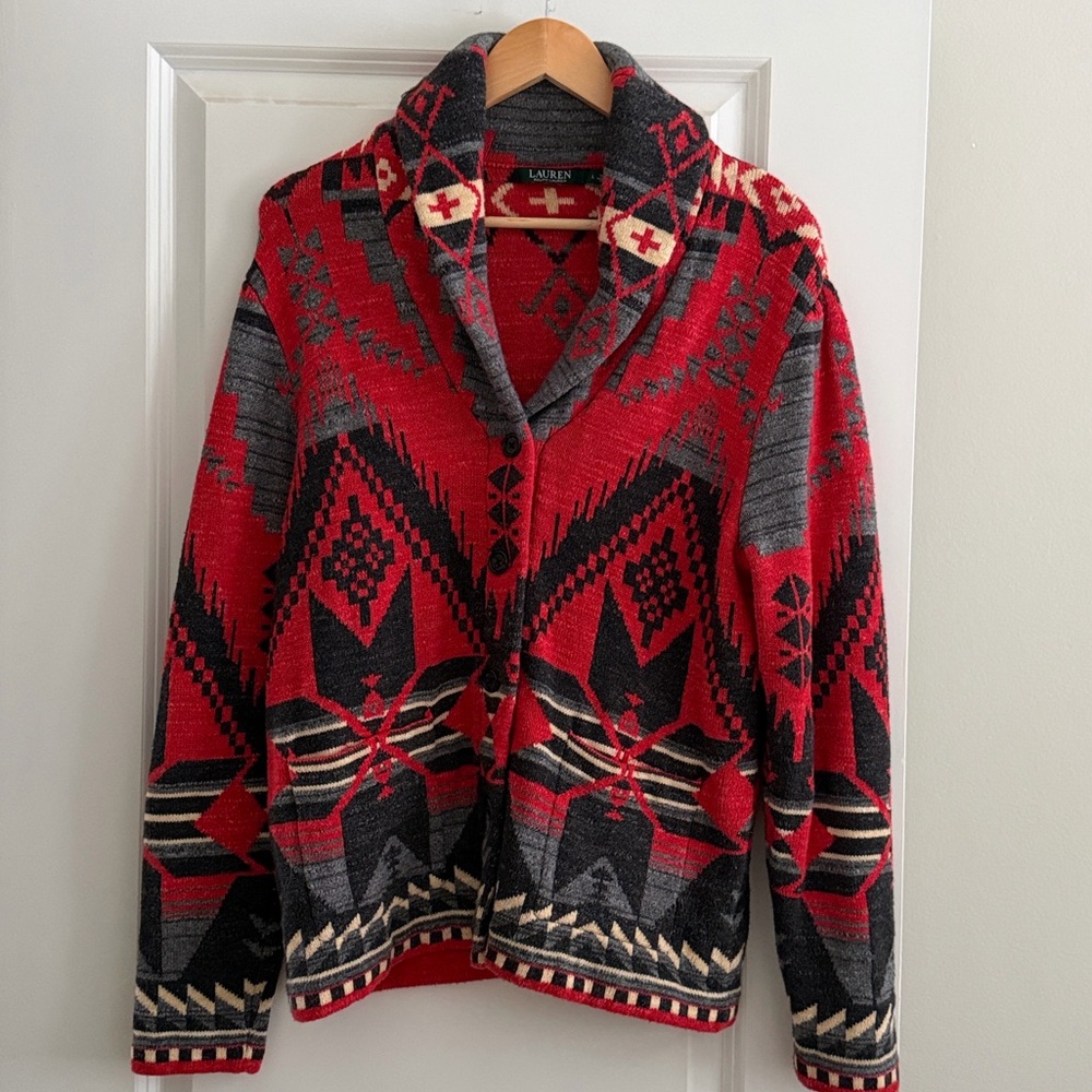 Ralph Lauren Red and Gray Patterned Cardigan